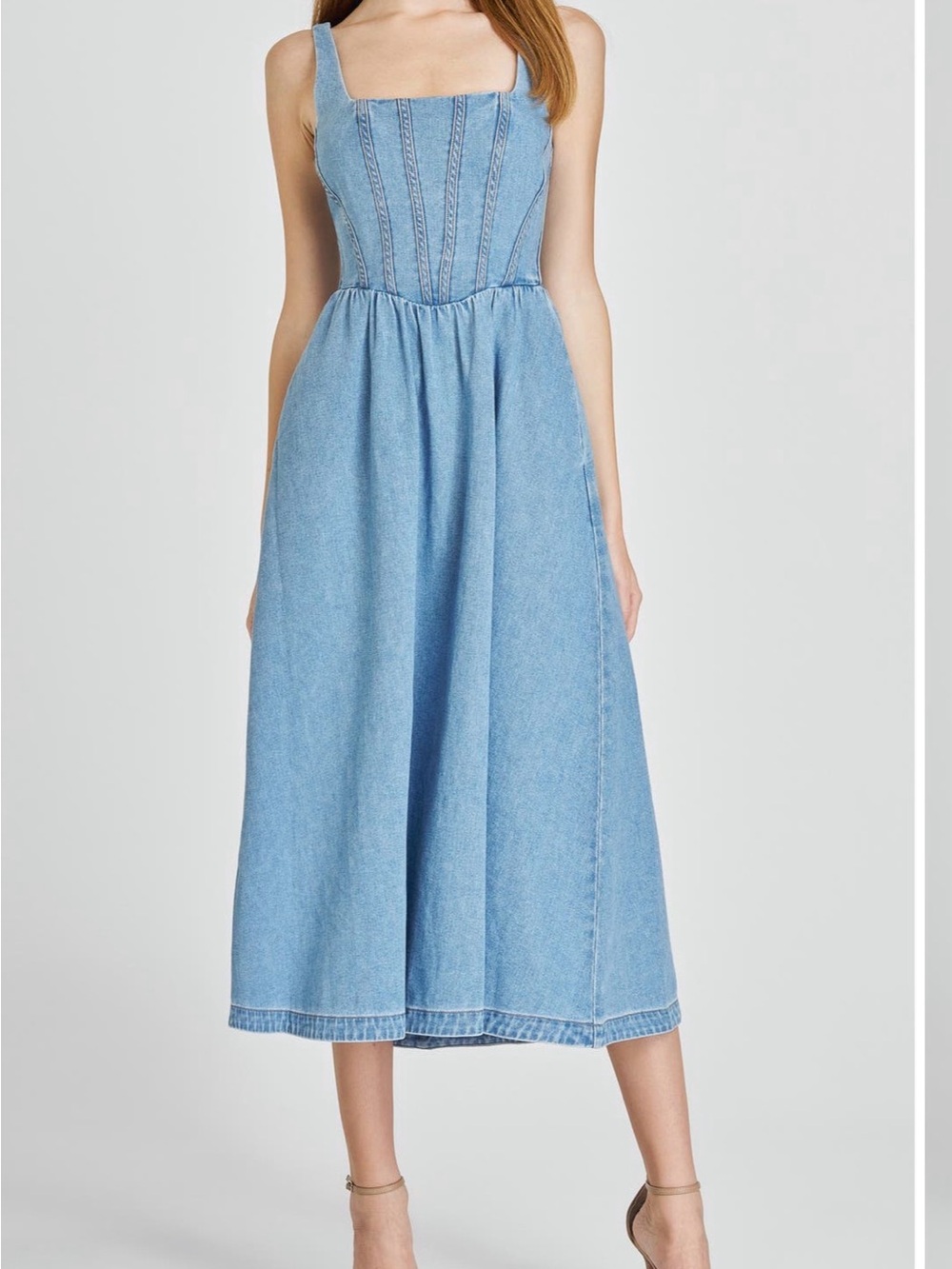 Wayf Light Blue Denim Midi Dress with Corset Bodice